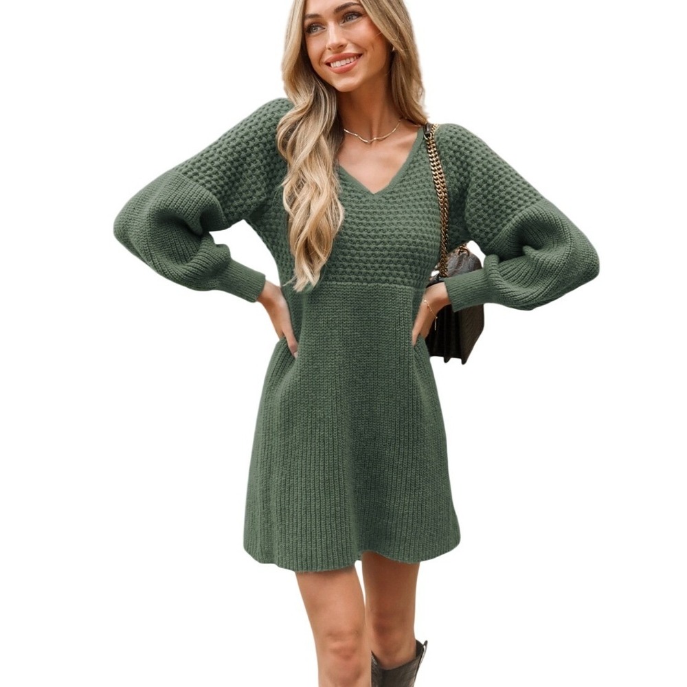 Cupshe Womens Sage Green Honeycomb Knit‎ V-Neck Mine Sweater Dress Size XL